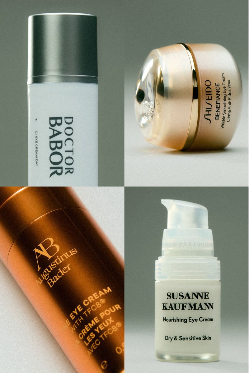 Cuatro envases de crema de ojos de las marcas Doctor Babor, Shiseido, Augustinus Bader y Susanne Kaufmann, dispuestos en una cuadrícula sobre un fondo neutro.