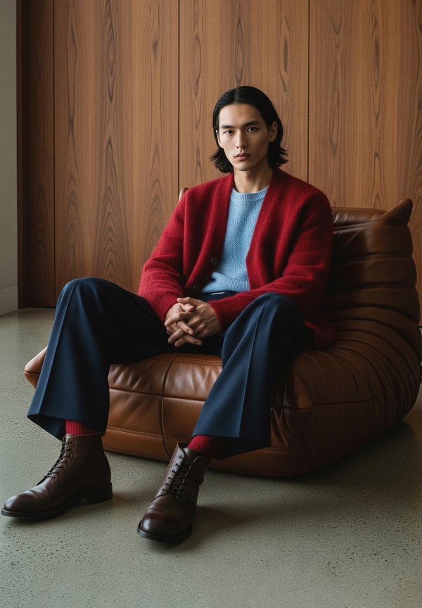 Junger Mann mit schwarzen Haaren, der auf einem braunen Ledersessel sitzt. Er trägt eine rote Strickjacke, einen hellblauen Pullover, eine marineblaue Hose und dunkelbraune Stiefel.