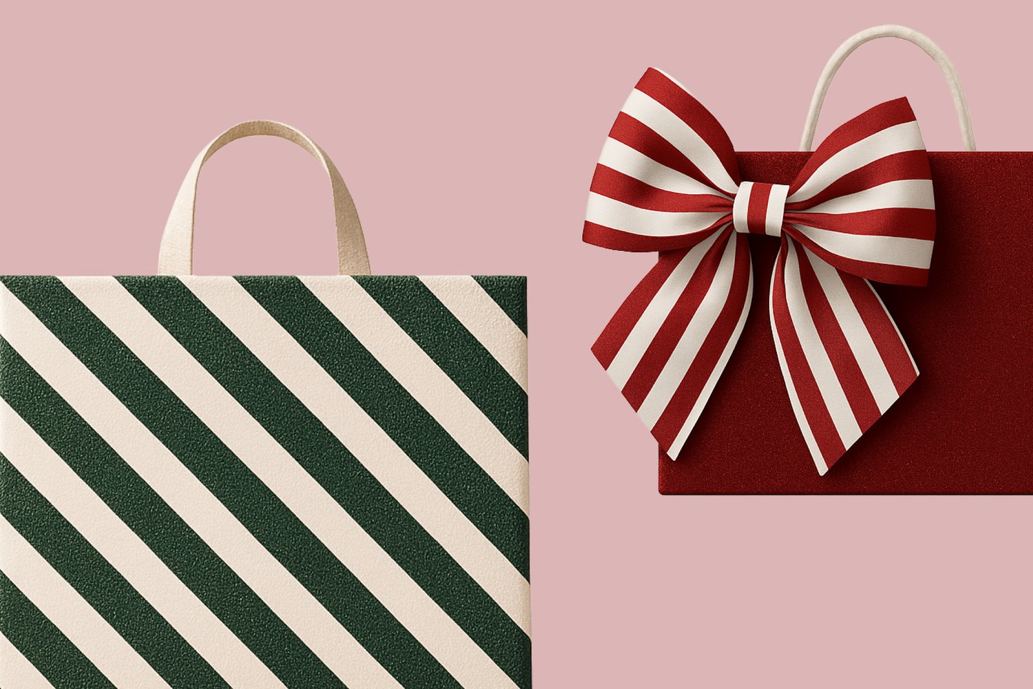 Dos cajas de regalo. A la izquierda: rayas verdes y crema con una textura suave. A la derecha: rojo sólido con un acabado brillante y un gran lazo a rayas rojas y blancas.
