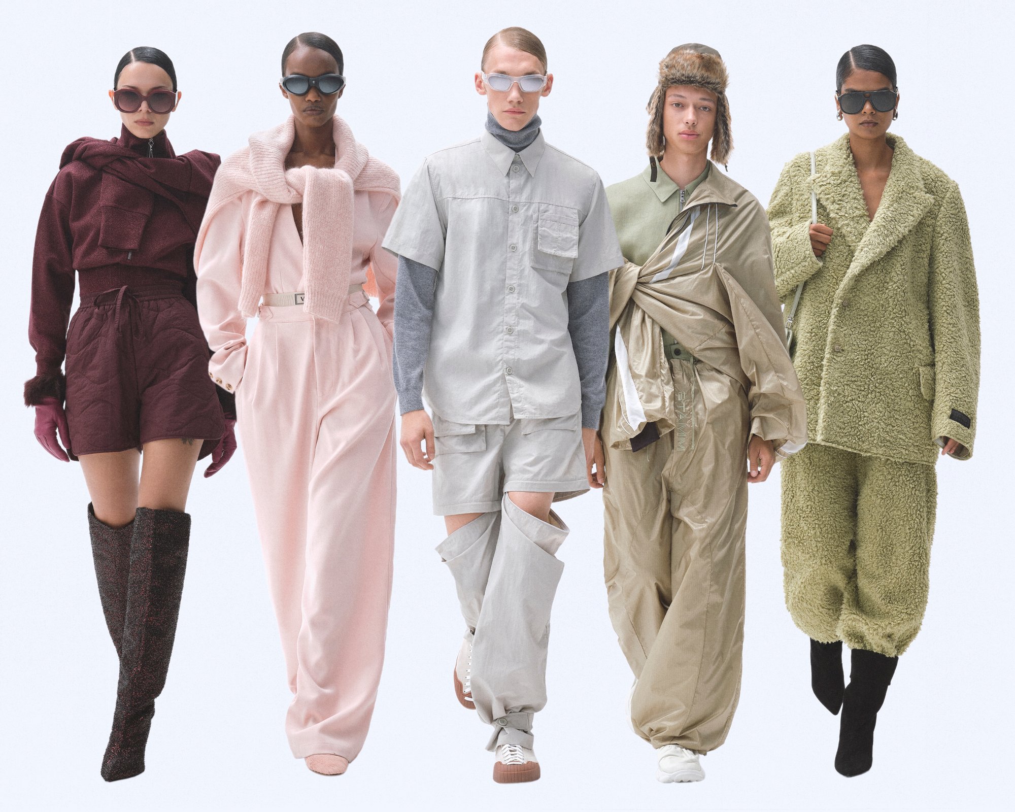 Five models showcase diverse, contemporary outfits in varying styles and colors, highlighting textures and layers against a light background.