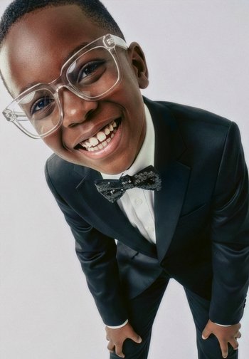 Jeune garçon souriant portant de grandes lunettes transparentes, un costume noir, une chemise blanche et un nœud papillon noir scintillant, se penchant en avant sur un fond uni.