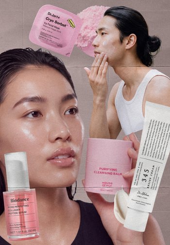 Collage de soins de la peau montrant une personne qui applique un masque rose sur le visage, un gros plan sur une peau éclatante et plusieurs produits de soin du visage.