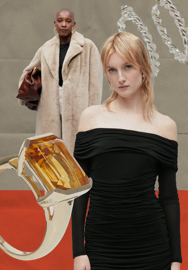 Gold ring featuring a large amber stone, black off-shoulder dress with pleated texture, model wearing a beige coat and carrying a brown bag.
