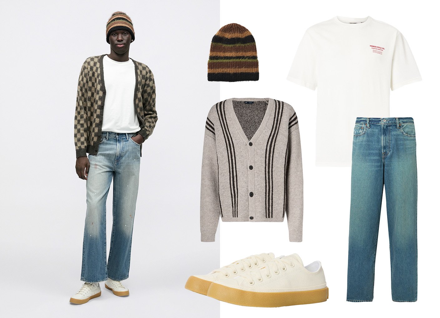 Bézs és barna kockás kardigán, szürke csíkos, gombos kardigán, fehér póló, kék széles szárú farmer, fehér gumitalpú sportcipő, barna csíkos sapka.