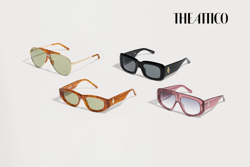 Four pairs of sunglasses with different frame styles and colors arranged on a plain surface with "THE ATTICO" logo above.