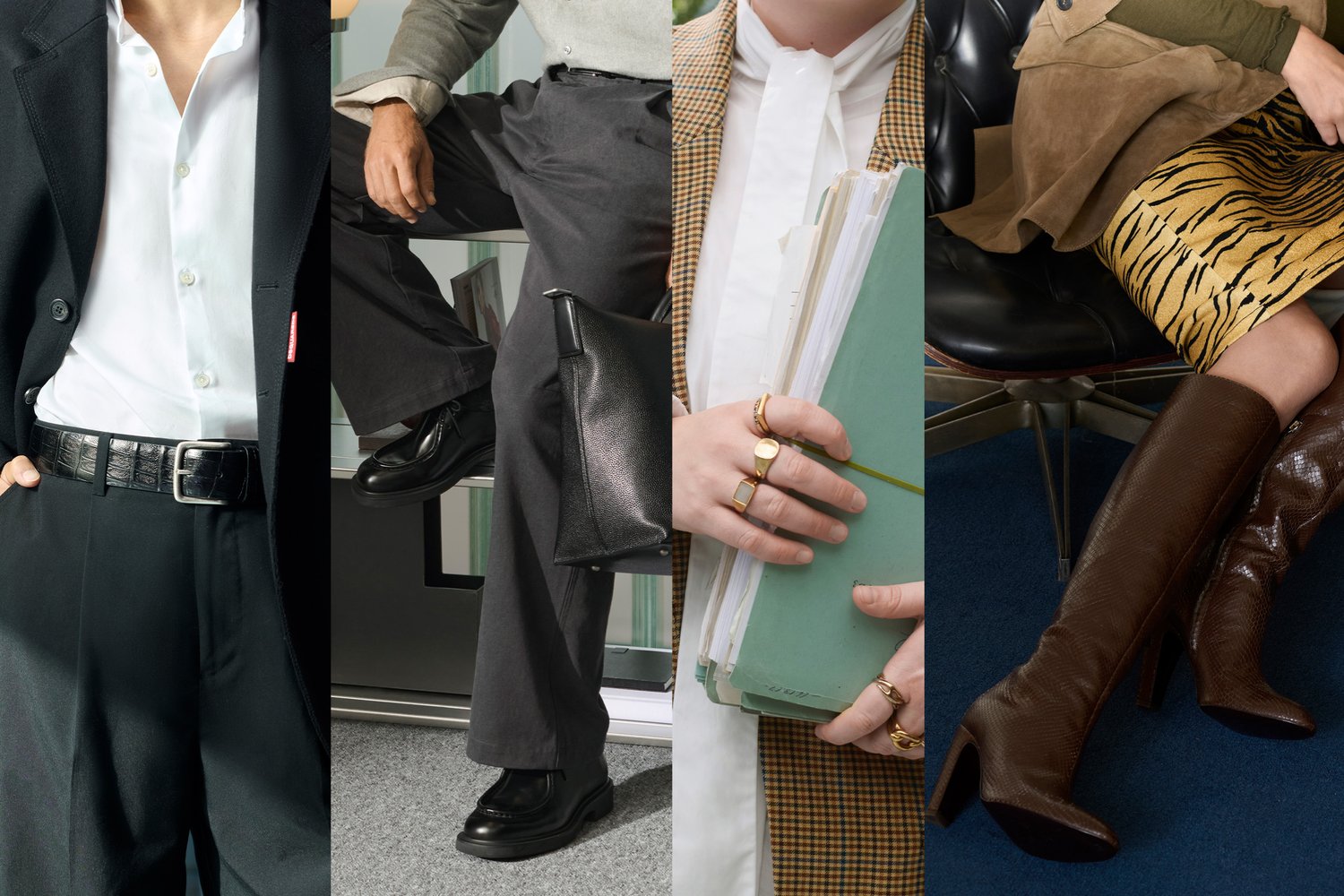 Collage di outfit con un completo nero, camicia grigia, vestito stampato e stivali al ginocchio marroni, che mostrano diverse trame e colori.