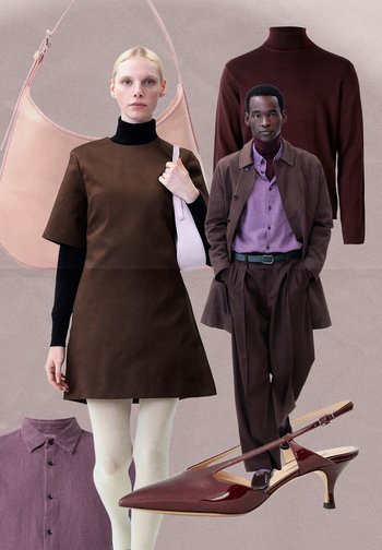 Rjava obleka s kratkimi rokavi, črn pulover s stoječim ovratnikom, roza torbica, maroon pulover s stoječim ovratnikom, vijolična srajca, rjav plašč, rjava hlače, burgundski čevlji na peto.