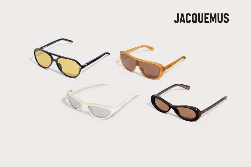 Four pairs of stylish sunglasses in black, amber, white, and dark brown, arranged neatly on a light background with the brand name Jacquemus.