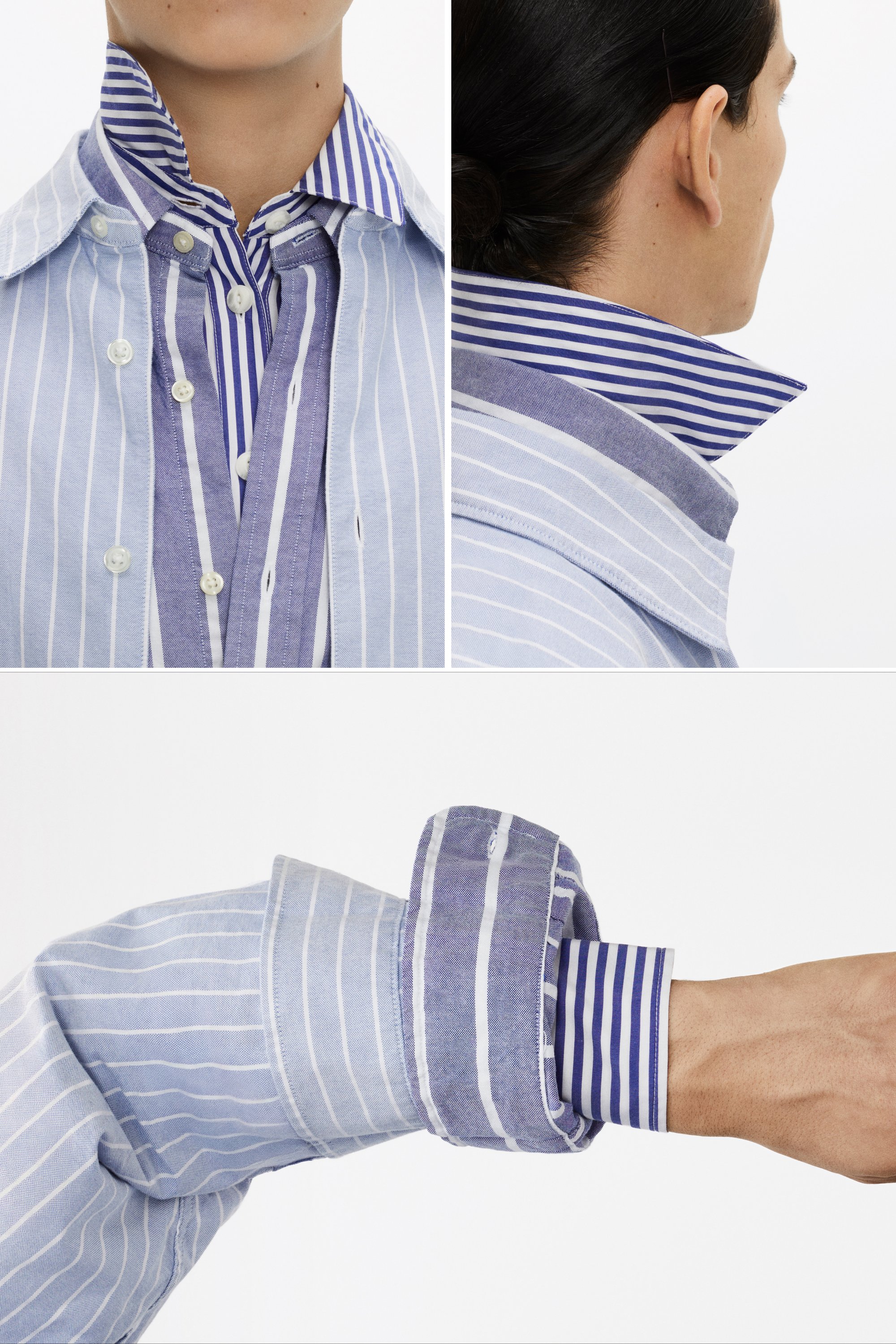 Close-ups of a shirt featuring various striped patterns in blue and white, focusing on the collar and cuffs.