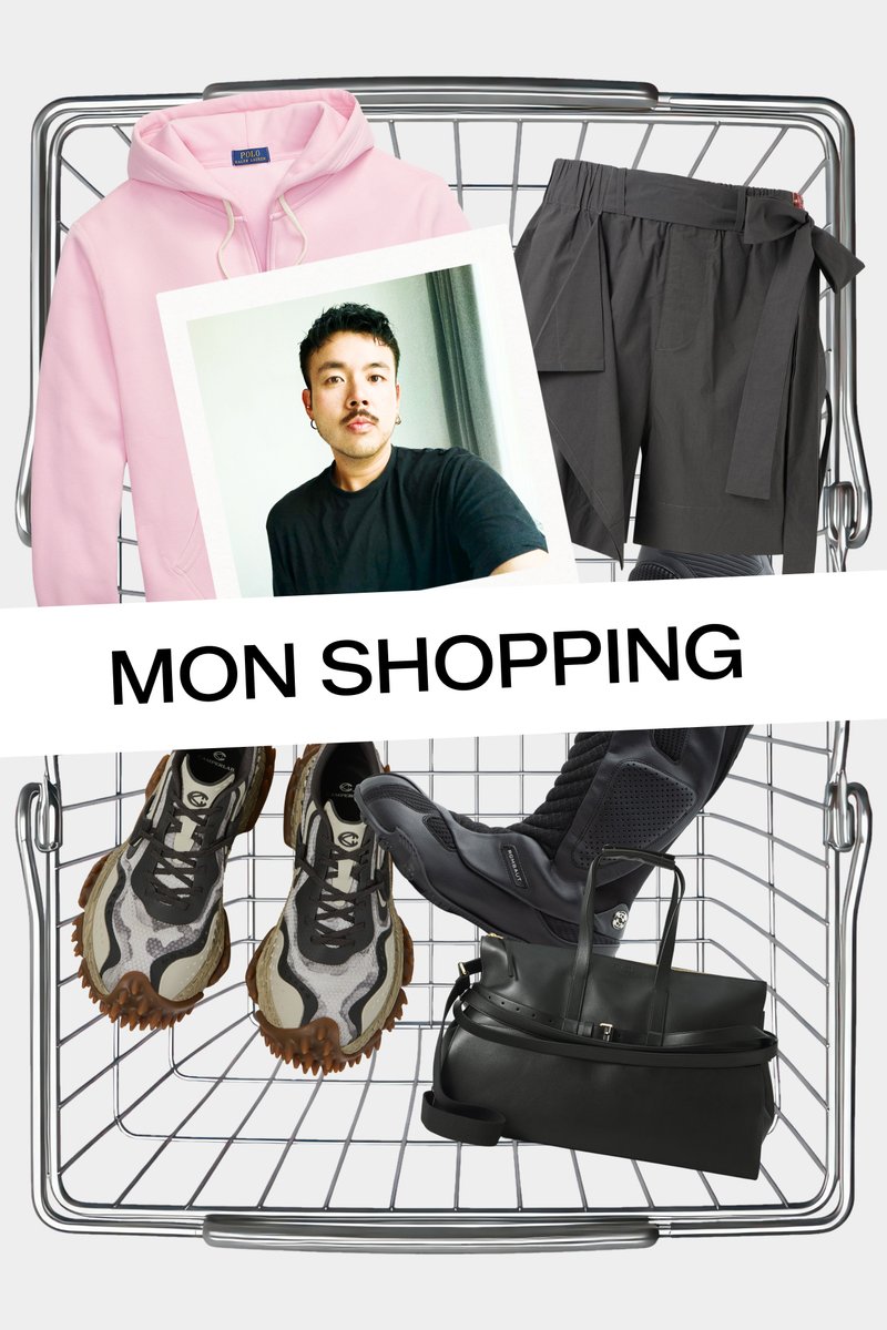 Chariot de courses avec un sweat à capuche rose, un short noir, des baskets de créateur, des bottes noires, un sac à main et une photo d'un homme avec une moustache.