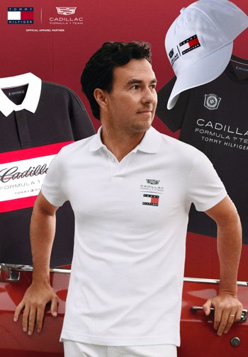 Man wearing white Cadillac Formula 1 Team and Tommy Hilfiger polo with apparel items and logos on red background.