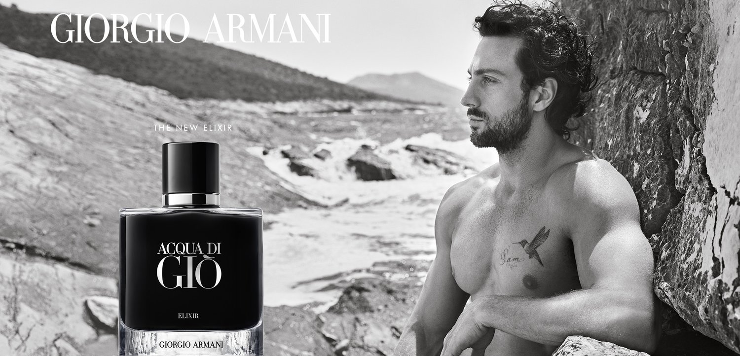 Black glass perfume bottle with silver accents, labeled "Acqua di Gio Elixir." Background features a rocky landscape in black and white.