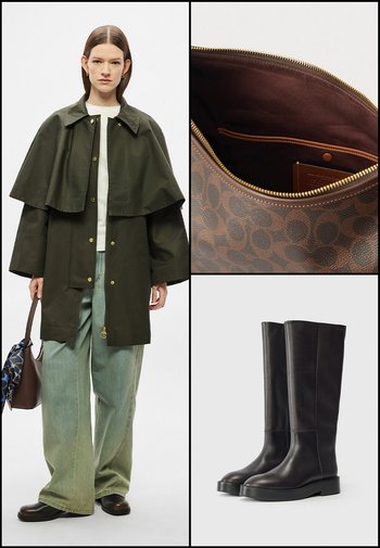 Haină impermeabilă verde măsliniu cu un design stratificat, geantă maro cu logo și model texturat, și cizme negre din piele până la genunchi cu talpă groasă.