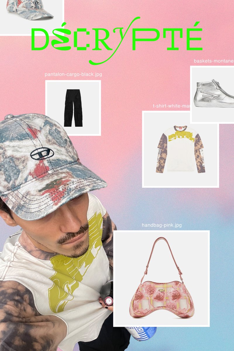 A person wearing a patterned cap and a graphic t-shirt is surrounded by displayed clothing and accessories on a pastel background.