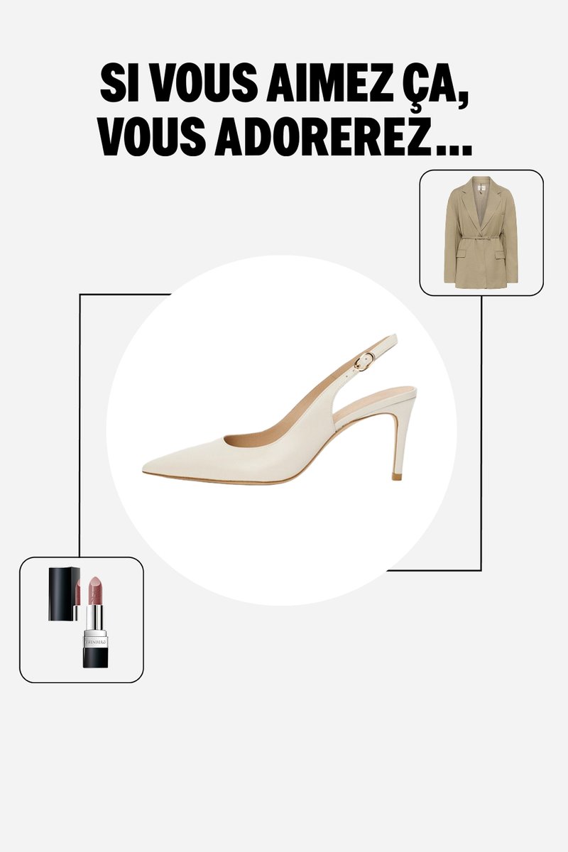 Chaussure à talon haut blanche à bride arrière centrée, avec un blazer beige et un rouge à lèvres nude dans des petites boîtes, accompagnés de texte en français.