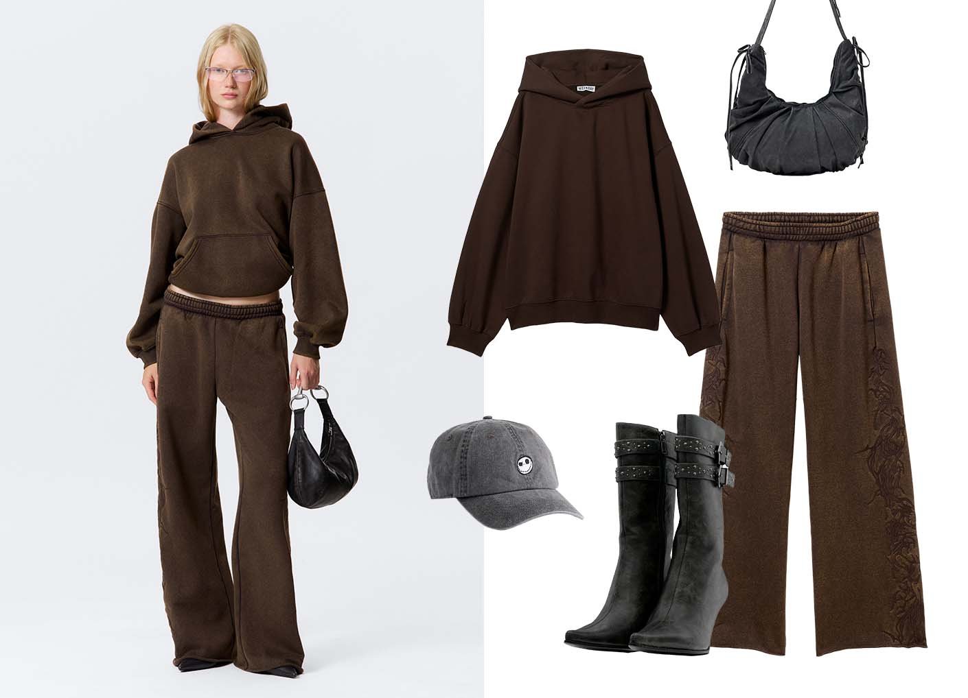 Bruine hoodie en bijpassende broek met elastische tailleband. Accessoires zijn een zwarte tas, een grijze pet en zwarte haklaarzen.
