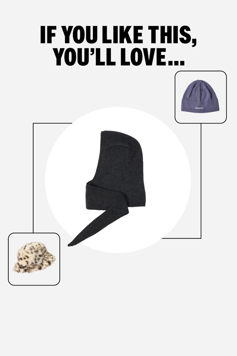 Dark gray knit balaclava-style hat with a fitted hood and long ties, shown with two alternative hat options.