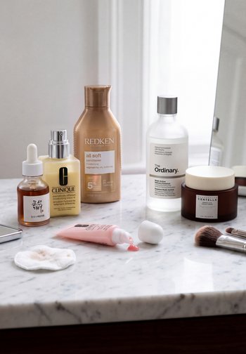 Produits de soin de la peau et des cheveux, y compris la lotion Clinique, l’après-shampoing Redken, le sérum The Ordinary et des pinceaux de maquillage sur un plan de travail en marbre blanc.