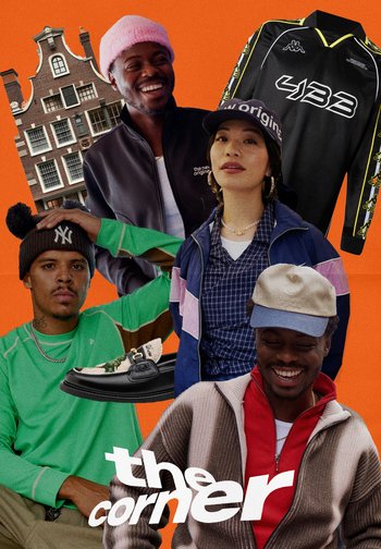 Vier unterschiedliche Personen in lässiger Streetwear, ein Slipper, ein schwarzes Sporttrikot und ein traditionelles niederländisches Gebäude auf orangefarbenem Hintergrund.