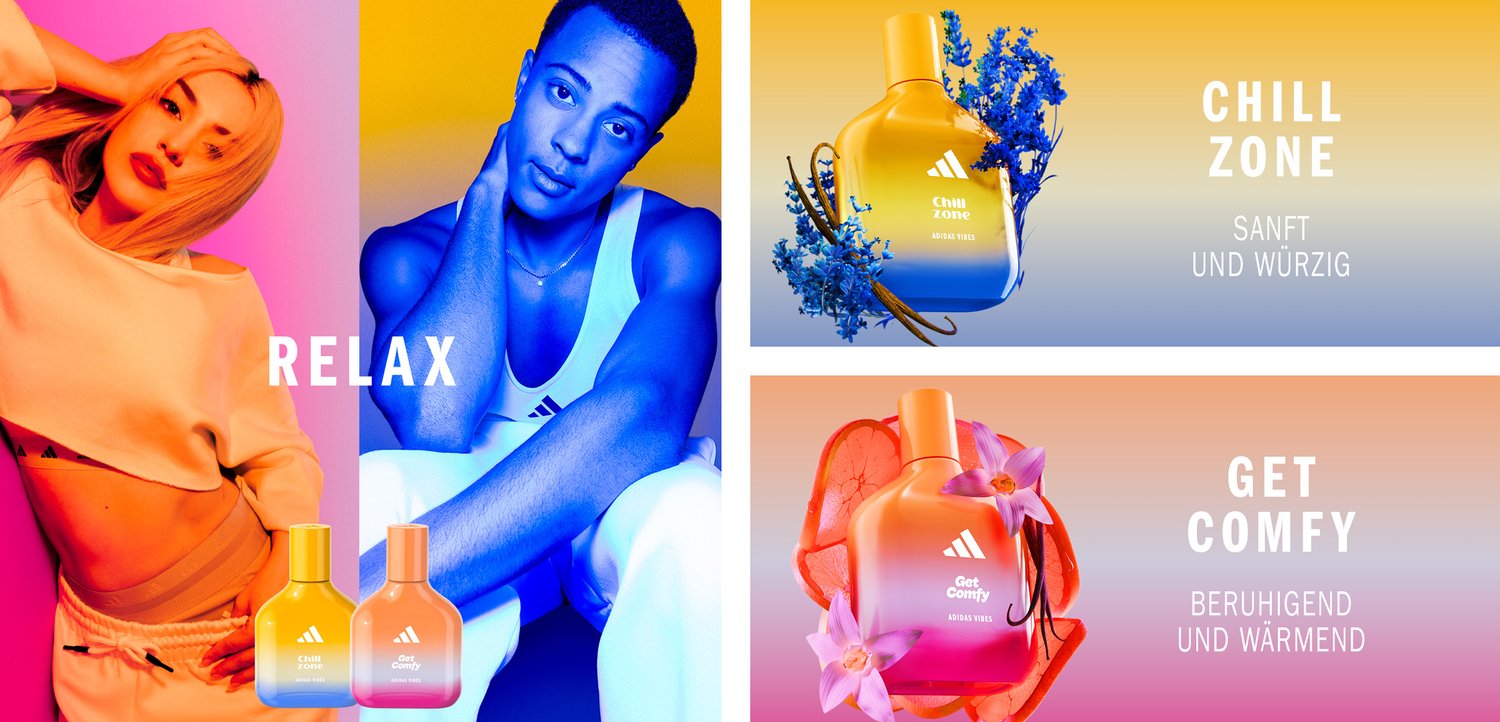 Eine Frau posiert vor einem bunten Hintergrund mit dem Schriftzug "RELAX", während ein Mann in der Nähe sitzt. Zwei Parfümflaschen mit den Aufschriften "Chill Zone" und "Get Comfy" sind zu sehen.