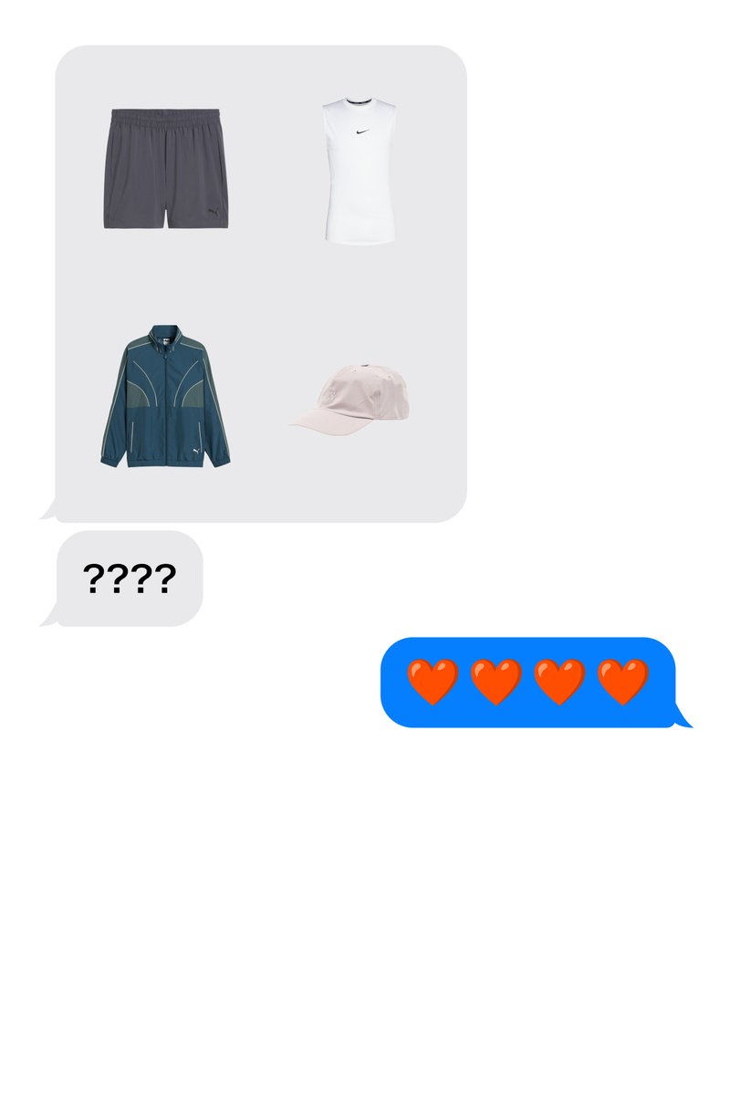Four sportswear items displayed, including dark shorts, a white sleeveless shirt, a dark jacket, and a beige baseball cap, followed by text messages.