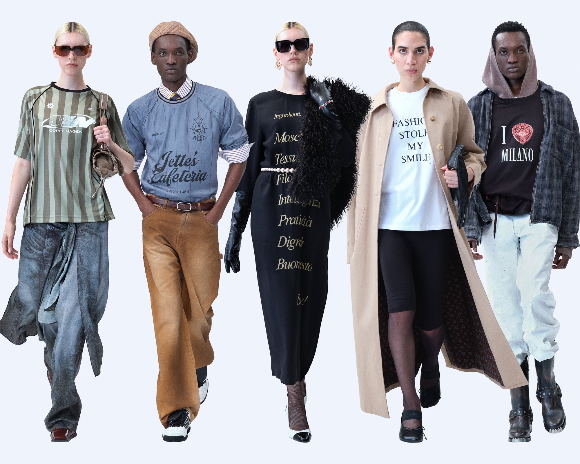 Cinque modelle presentano stili di abbigliamento diversi: maglie oversize, vestiti a fantasia, cappotti su misura e accessori unici in vari colori e textures.