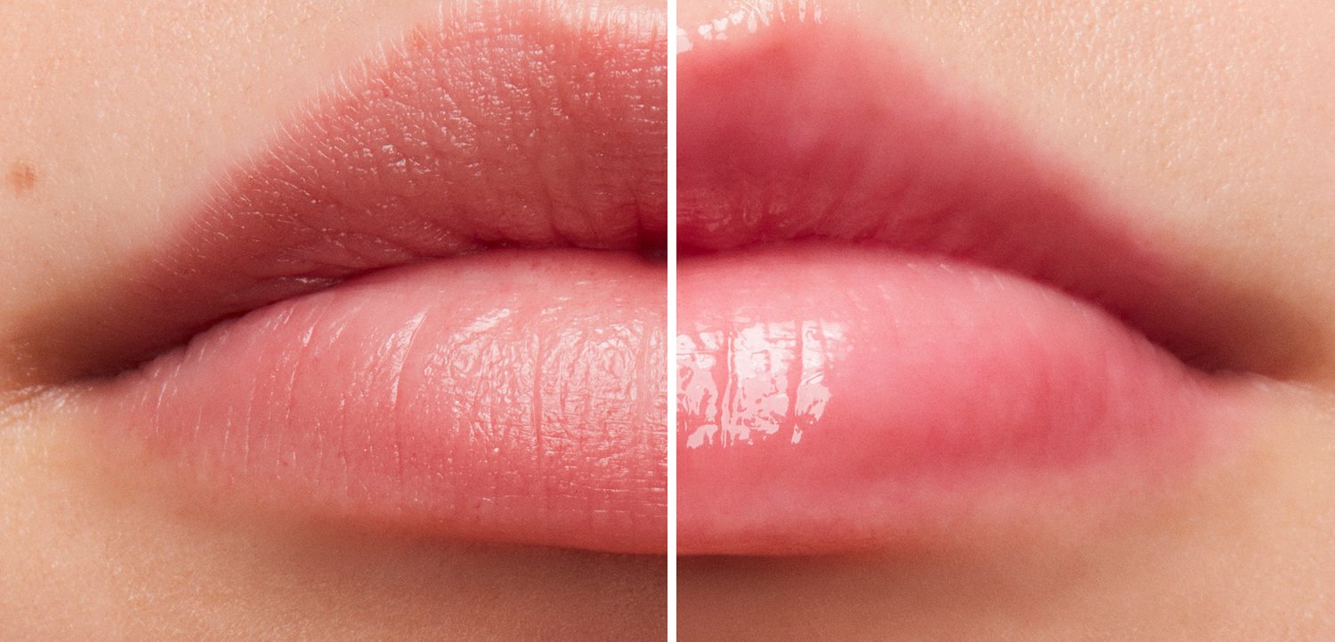 Two sets of lips side by side. The left shows matte, light pink color with a smooth texture. The right reflects a glossy, soft pink sheen.