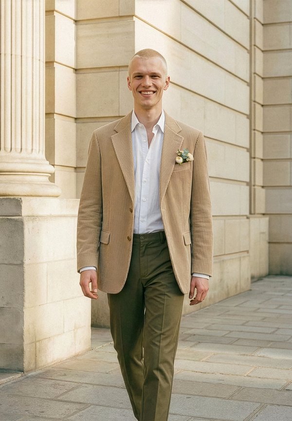 Mosolygó férfi bézs kordbársony zakóban kitűzővel, fehér ingben és olívazöld nadrágban, egy oszlopos kőépület mellett sétál.