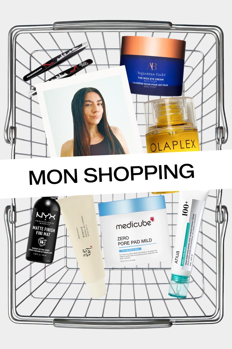 Panier d'achat avec des produits de soin de la peau et de beauté comprenant une crème pour les yeux, un spray fixateur, des patchs pour pores, de l'huile capillaire et une photo d'une femme.