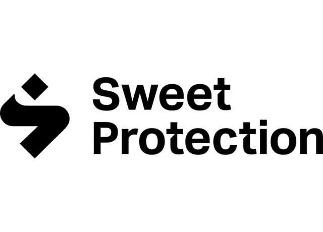 Logo design featuring the text "Sweet Protection" in bold black letters, accompanied by a stylized black graphic element resembling a shield.