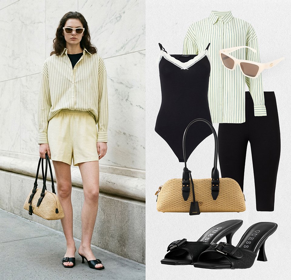 Femme portant une chemise rayée claire, un short pâle, des lunettes de soleil, des sandales à talons noires, tenant un sac à main tissé ; la tenue comprend un body noir et un pantalon.