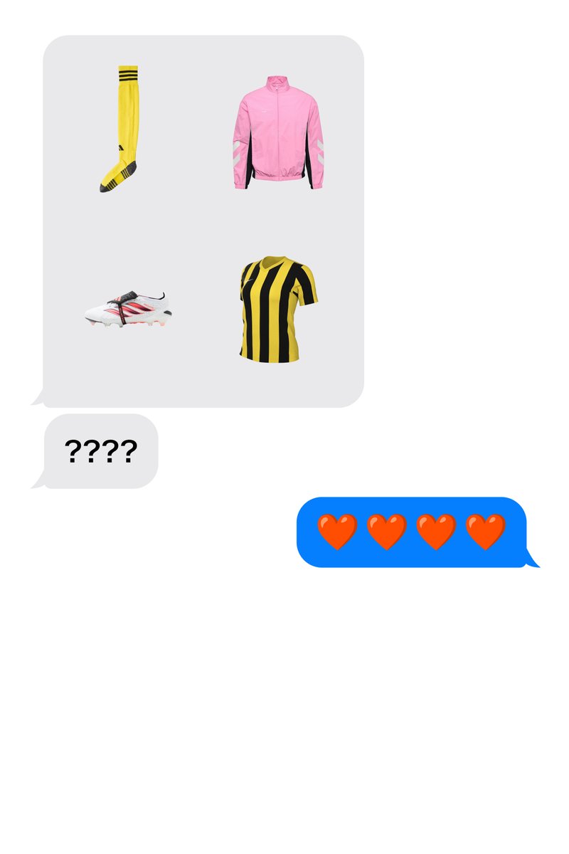 Gelbe und schwarze Fußballsocken, rosa Jacke, weißer Fußballschuh mit roten Details und gelb-schwarz gestreiftes Fußballtrikot in einer Unterhaltungs-App-Konversation.