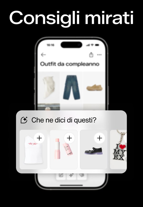 Interfaccia mobile che visualizza articoli di moda: top bianco senza maniche, stick cosmetico rosa, scarpe nere con suola viola, portachiavi con la scritta "I ❤️ MY EX."