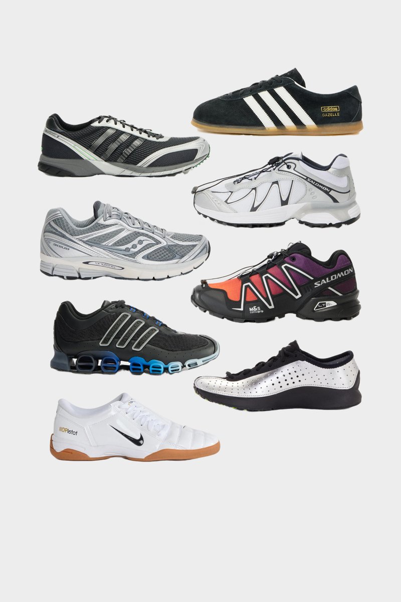 Assortiment sportieve schoenen: diverse kleuren, waaronder zwart, wit en grijs; materialen zoals mesh en suede; met verschillende ontwerpen en zolen.