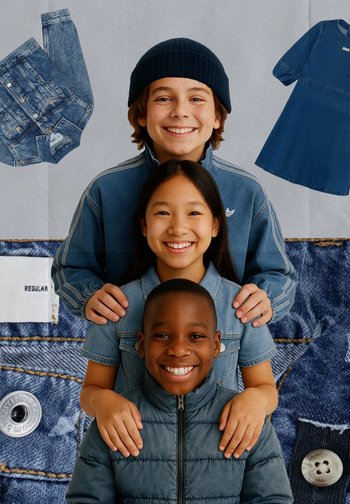 Tre bambini sorridenti in formazione impilata, vestiti con jeans blu e giacche casual, con pezzi e trame in denim sullo sfondo.