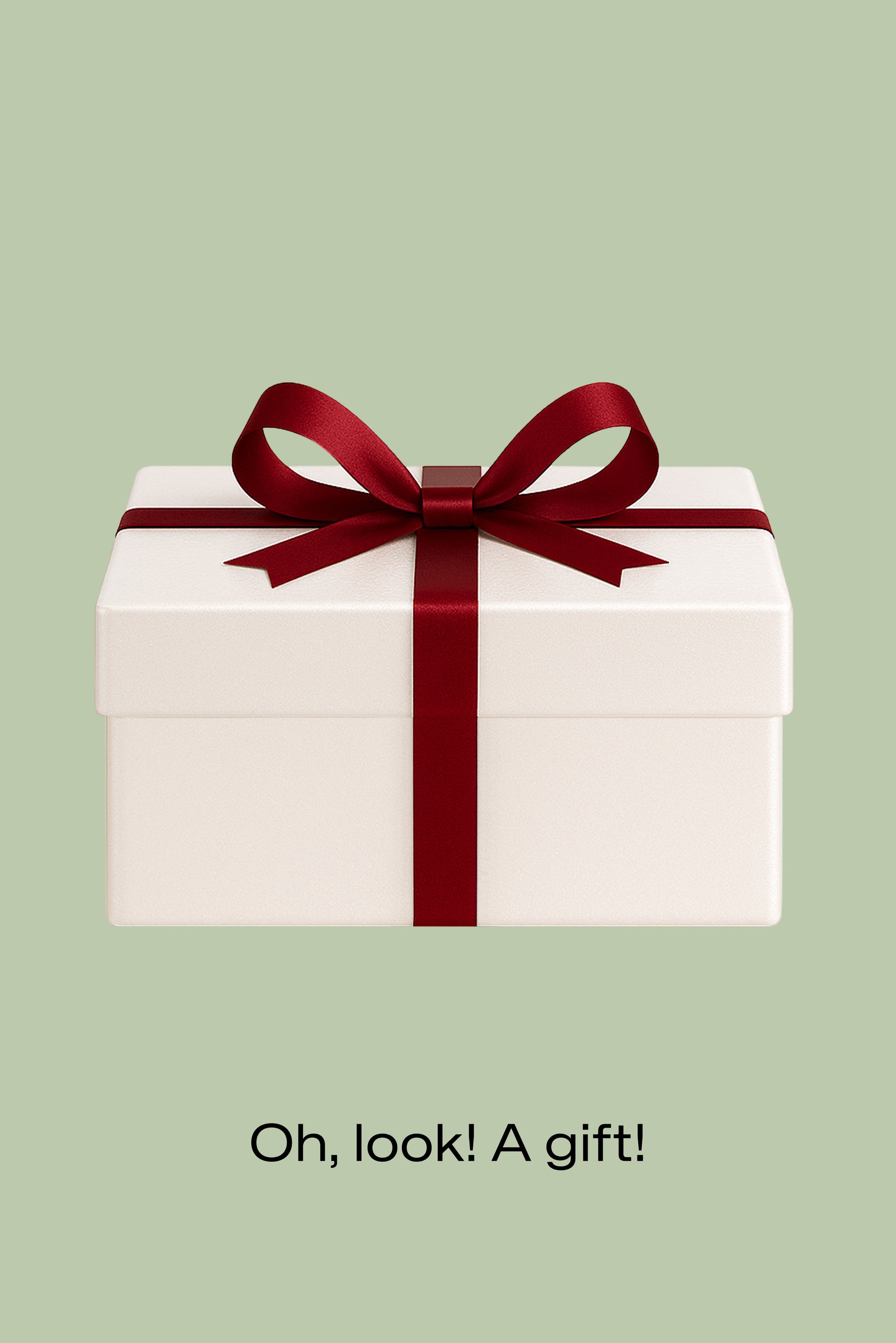 Weißer Geschenkkarton mit einer dunkelroten Schleife auf hellgrünem Hintergrund.