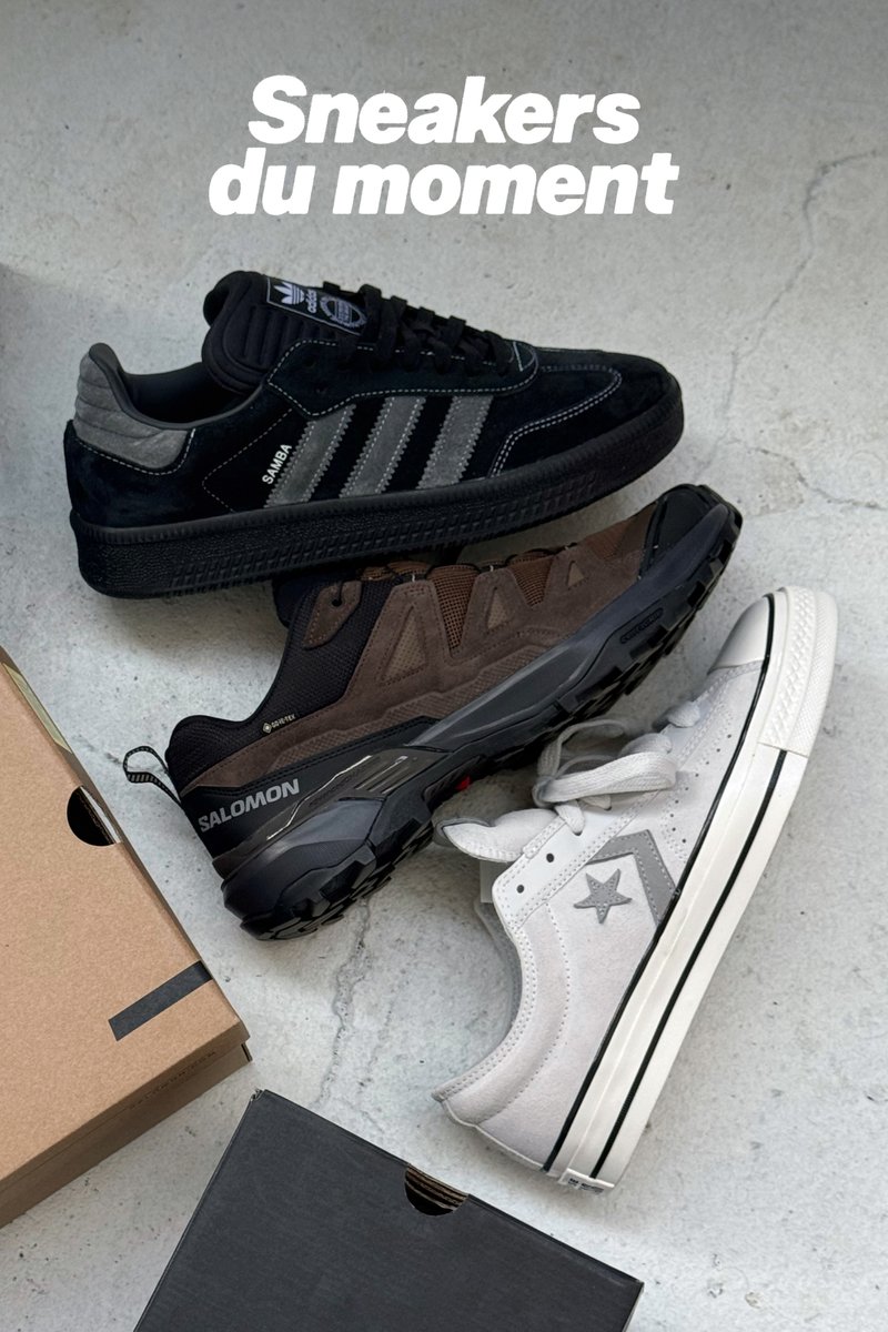 Trois paires de sneakers : Adidas en suede noir avec des rayures grises, Salomon marron avec des détails texturés, et Converse blanches avec une étoile grise.