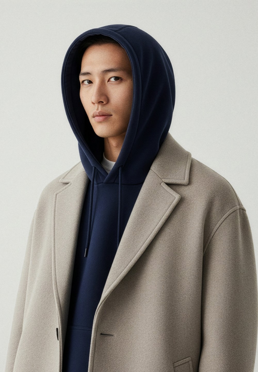 Beige ullfrakk med hakket slag, lagd over en marineblå hettegenser. Glatt tekstur, mørke snorer og rene linjer fremhevet.