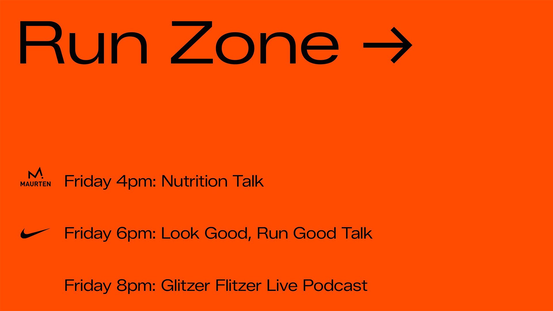 Oranges Poster zeigt "Run Zone" in fetter schwarzer Schrift, mit Veranstaltungsdetails darunter, die zwei Marken anzeigen: Maurten und Nike, die mit Zeiten aufgeführt sind.