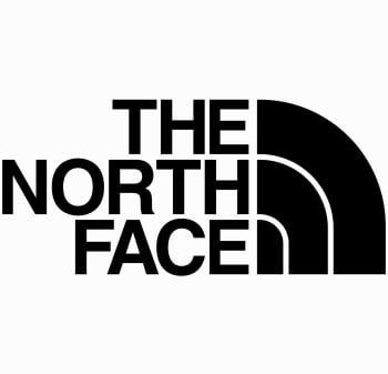Das Logo von The North Face mit fettgedrucktem schwarzen Text und einem Viertelkreismuster, das auf der rechten Seite drei geschwungene Linien zeigt.