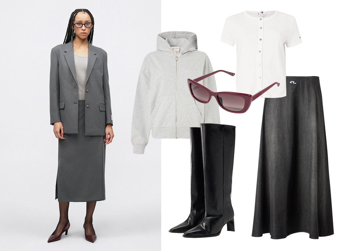 Frau trägt grauen Blazer und Rock mit nudefarbenem Oberteil und bordeauxroten Schuhen; in der Nähe graue Kapuzenjacke mit Reißverschluss, weißes Hemd mit Knöpfen, schwarze Stiefel, Rock und bordeauxrote Sonnenbrille.