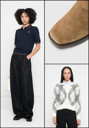 Navy polo shirt with short sleeves, red and white accents. Brown suede ankle boots, square toe, black sole. White and grey argyle sweater with a fuzzy texture.