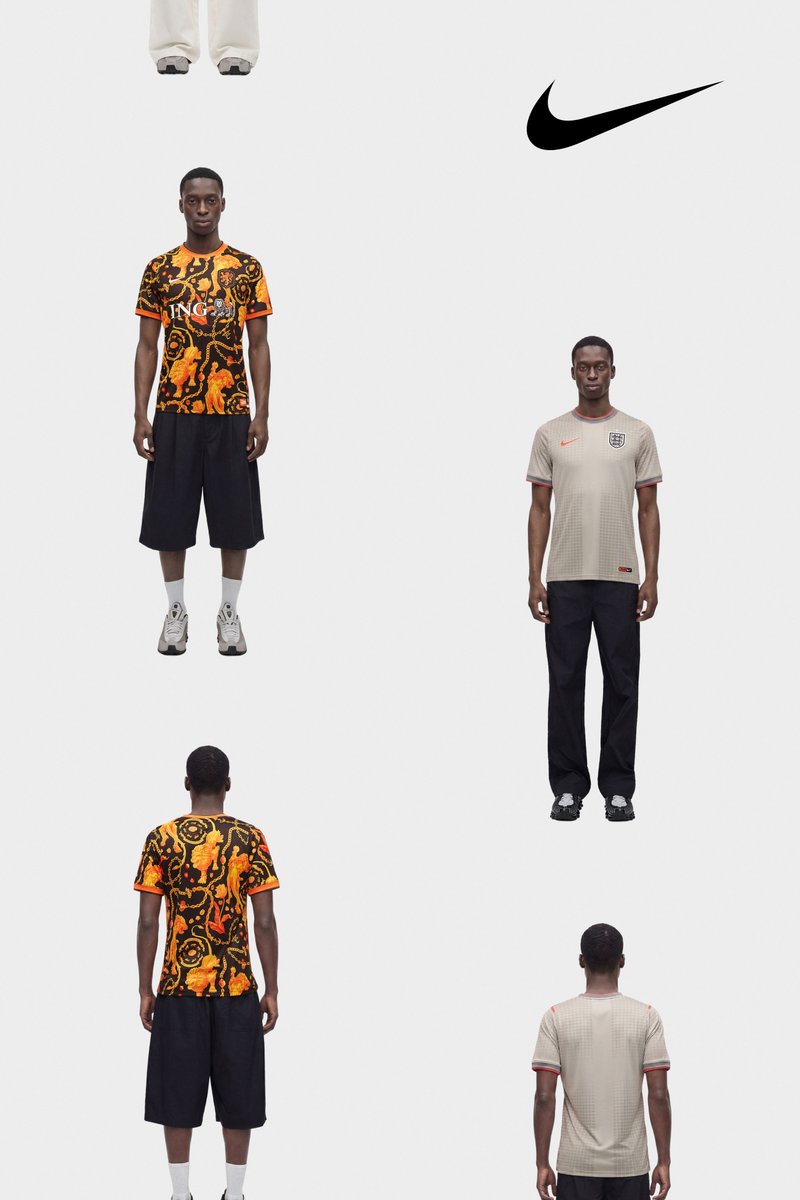 Männliches Model trägt zwei verschiedene Nike-Fußballtrikots, vorne und hinten gezeigt, mit schwarzen Shorts und Hosen, in einem Raster auf weißem Hintergrund angeordnet.