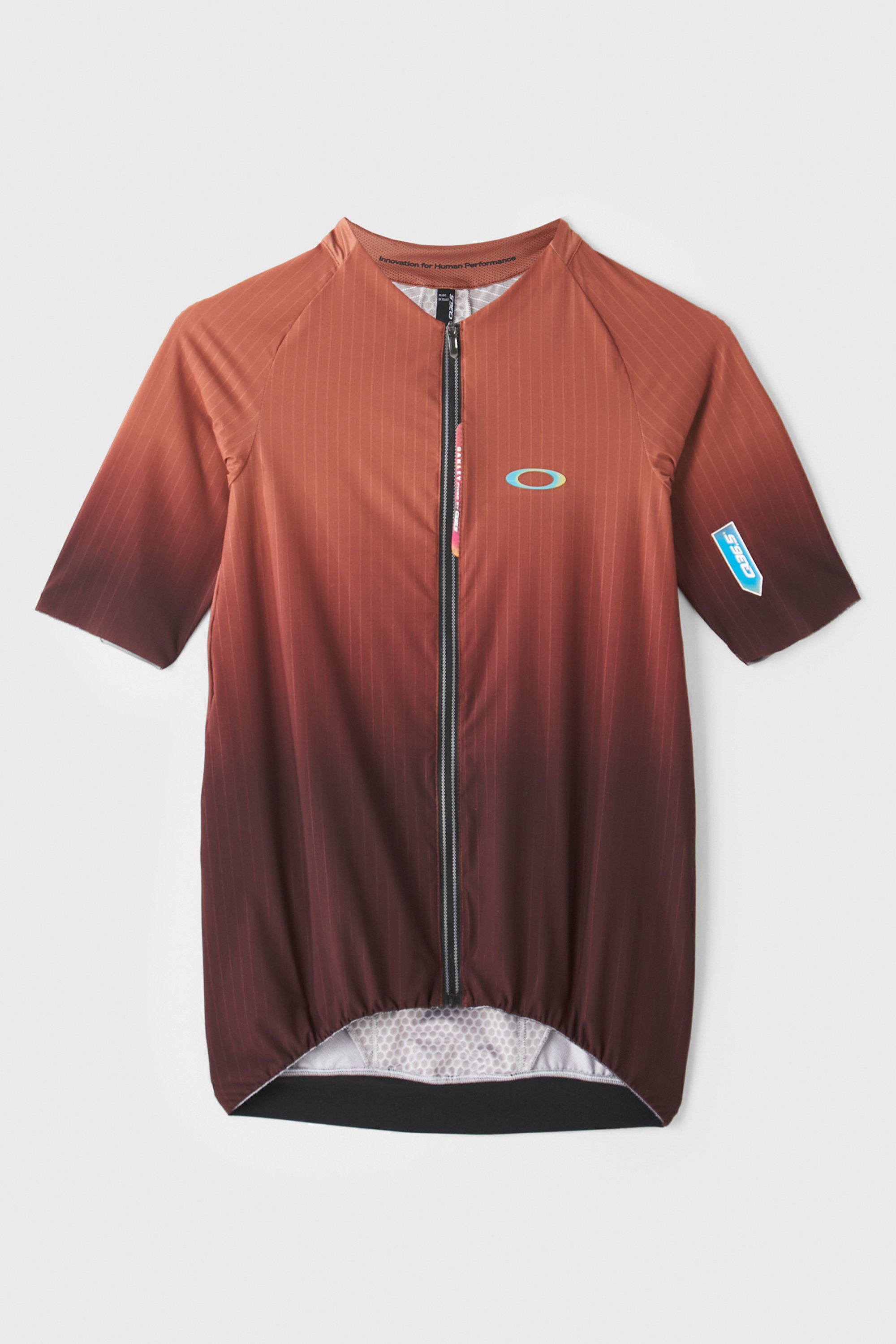 Short-sleeve cycling jersey in gradient shades of brown, featuring a front zipper and logo detailing on the chest and sleeve.