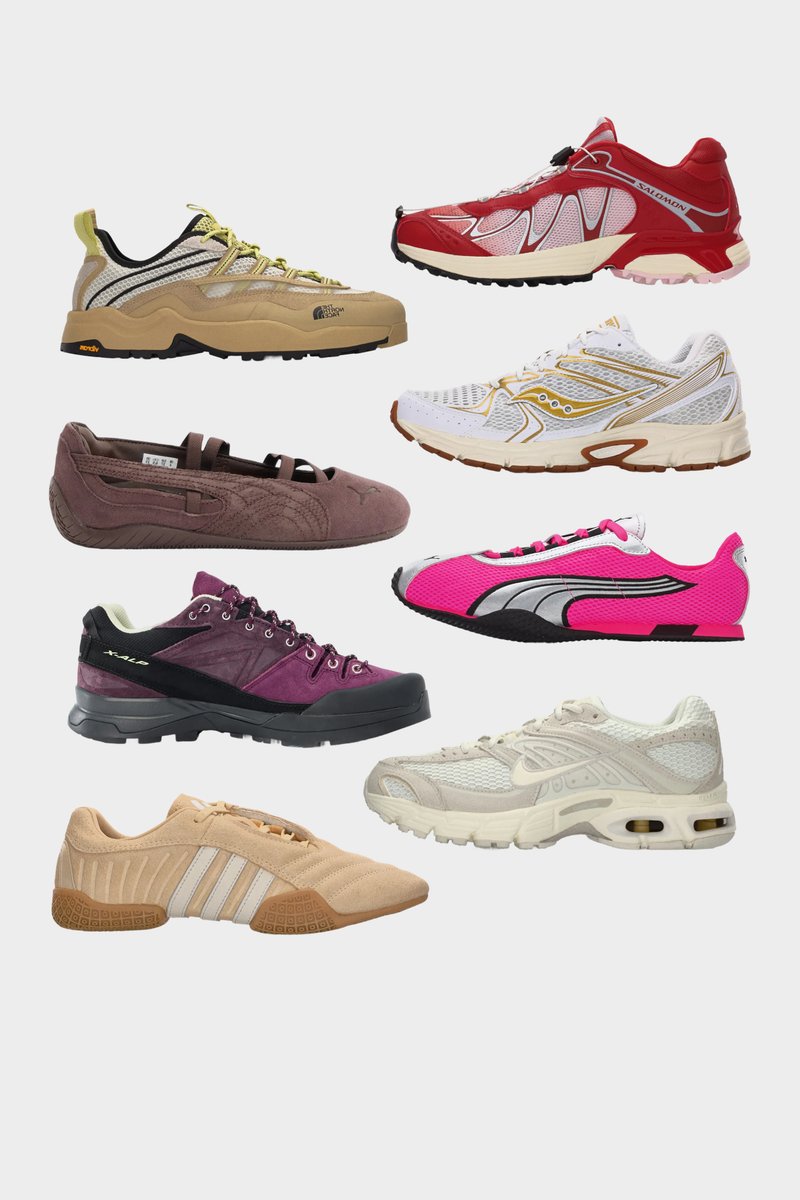 Ocho zapatillas en varios estilos y colores, incluyendo zapatillas rojas para senderismo, blancas para correr, rosas para entrenamiento, beige casuales y moradas para excursionismo.