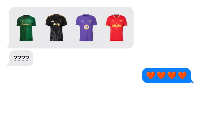 Chat message showing four football jerseys in green, black, purple, and red, followed by question marks and four red heart emojis.