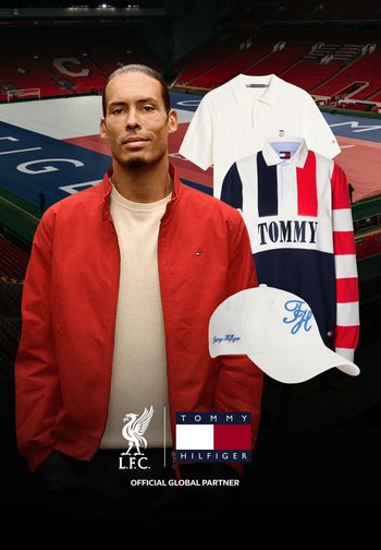 Man in red jacket stands in football stadium; three Tommy Hilfiger clothing items and logos for L.F.C. and Tommy Hilfiger shown below.