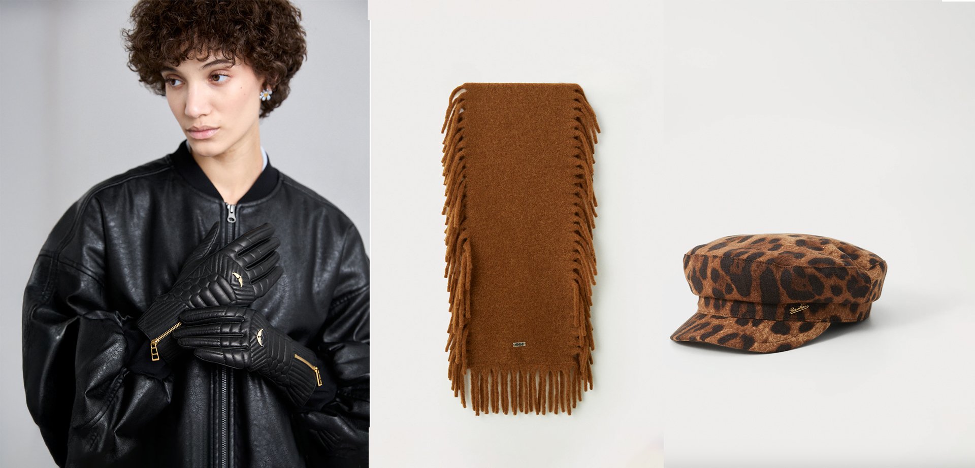 Black leather gloves featuring a quilted design and a gold zipper, a soft fabric brown fringed scarf, and a leopard print cap with a flat brim.