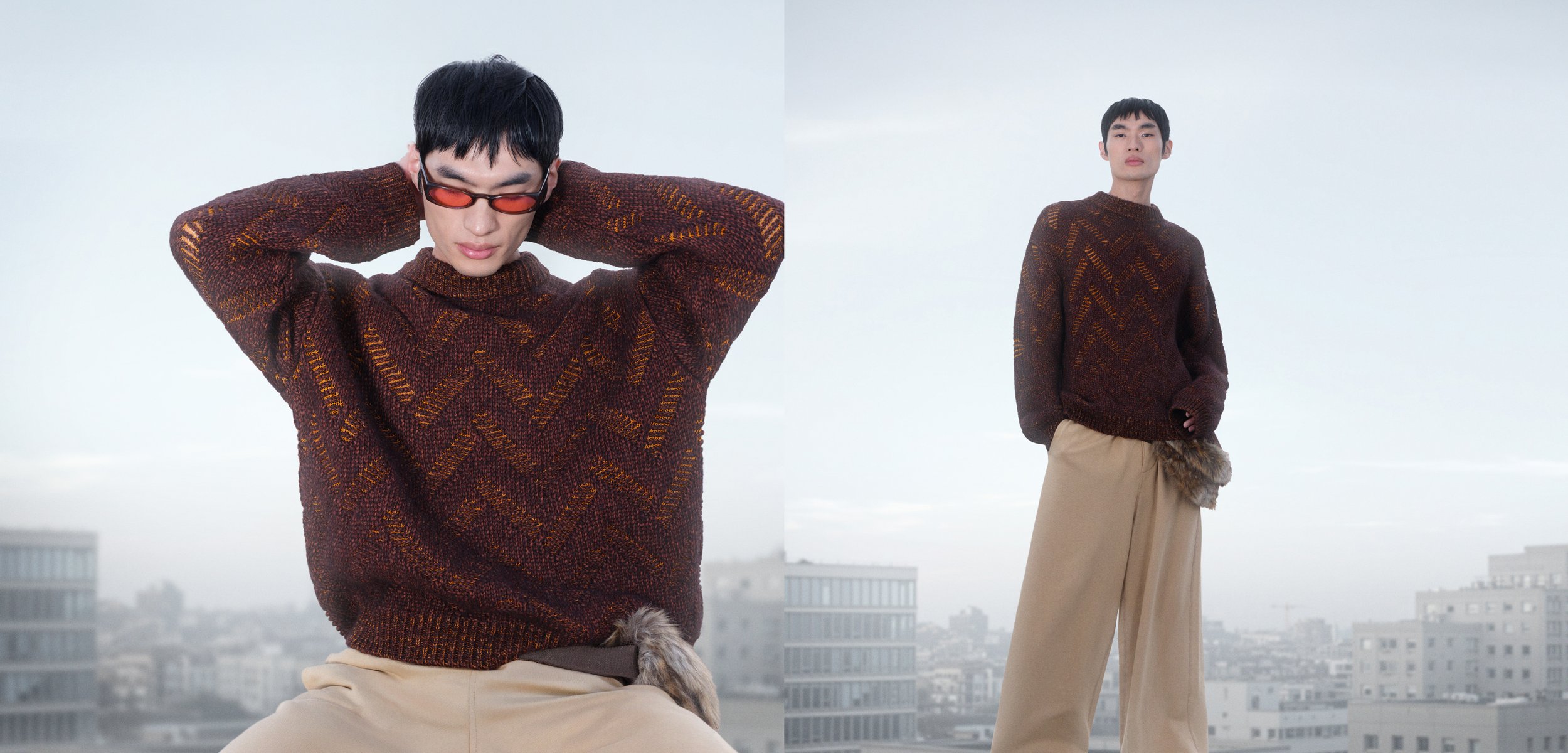 Knit sweater in brown and orange patterns featuring a high neck and long sleeves, teamed with beige wide-leg trousers. It has a smooth texture and an oversized fit.
