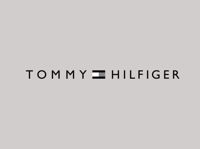 Nom de la marque Tommy Hilfiger en lettres majuscules noires avec le logo rectangulaire emblématique rouge, blanc et bleu centré entre les mots.
